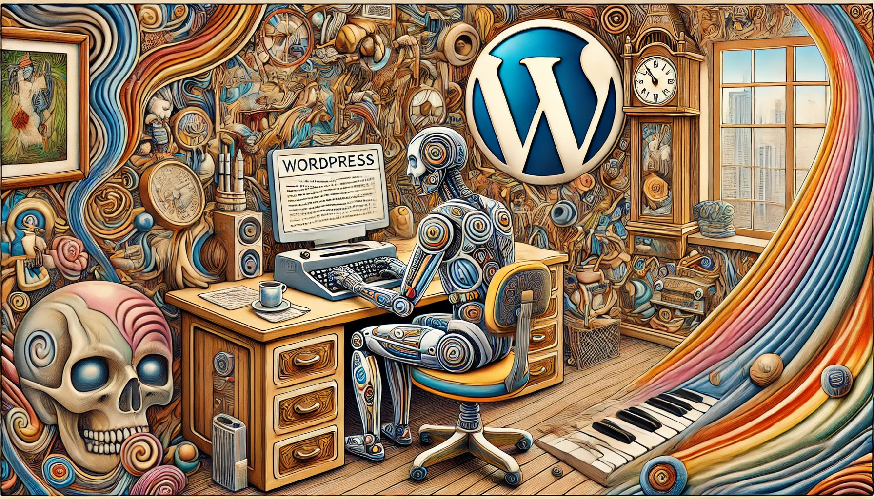 Roboter am Computer beschäftigt sich mit WordPress34