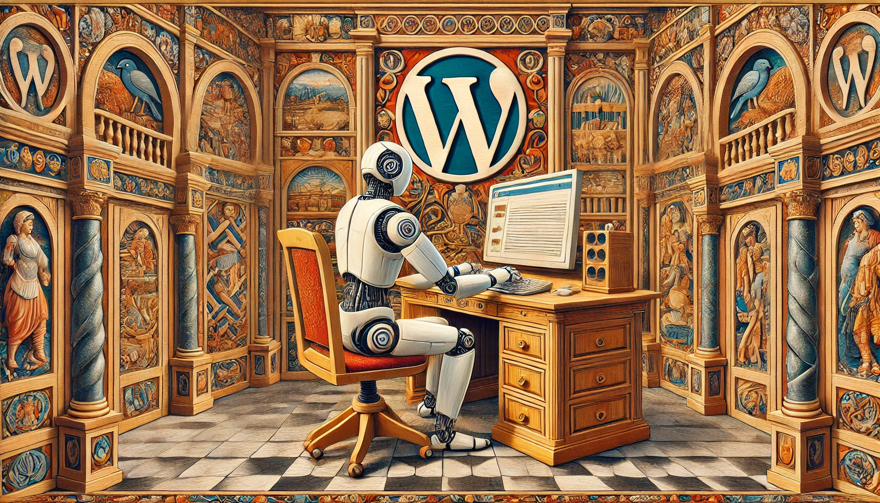 Roboter am Computer beschäftigt sich mit WordPress41