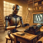 Ein männlicher humanoider Roboter sitzt in einer Werkstatt mit großen Fenstern und einem Mix aus Metall und Holz, während er auf einer Tastatur tippt. Ein Bildschirm zeigt unleserliche Texte, und das WordPress-Logo ist subtil in das Design einer altmodischen Schreibmaschine auf dem Schreibtisch integriert.