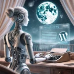 Eine weibliche humanoide Roboterin mit eleganten, ätherischen Linien sitzt auf einem mondbeschienenen Balkon und tippt auf einer Tastatur. Ein Bildschirm zeigt unleserliche Texte, während das WordPress-Logo kunstvoll in ein aufwendig gestaltetes Teleskop auf dem Schreibtisch eingebettet ist.
