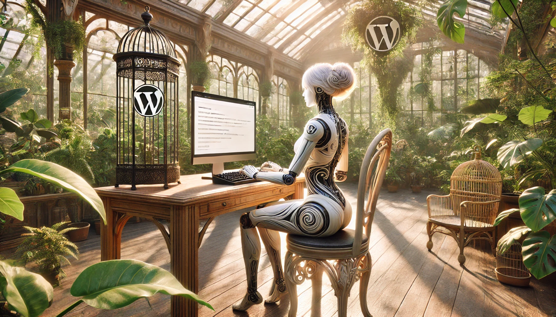 Eine weibliche humanoide Roboterin mit einem kunstvollen, jugendstilartigen Design sitzt in einem sonnendurchfluteten Wintergarten und tippt auf einer Tastatur. Ein Bildschirm zeigt unleserliche Texte, während das WordPress-Logo subtil in einen Vintage-Vogelkäfig auf dem Schreibtisch integriert ist.