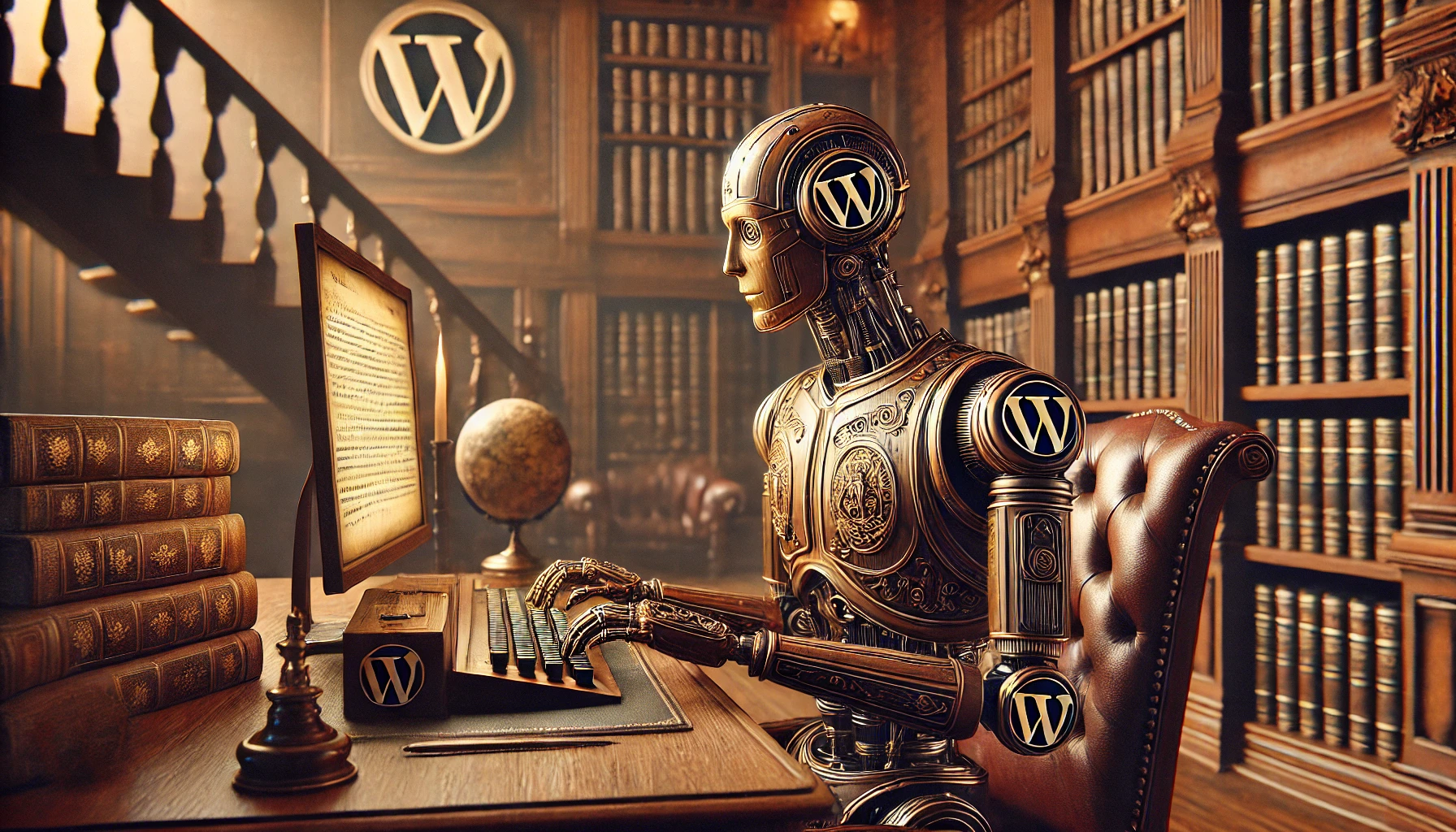 Ein männlicher humanoider Roboter mit einem viktorianischen Design sitzt in einer großen Bibliothek und tippt auf einer Tastatur. Ein Bildschirm zeigt unleserliche Texte, während das WordPress-Logo subtil in ein altmodisches Globus-Design auf dem Schreibtisch integriert ist.