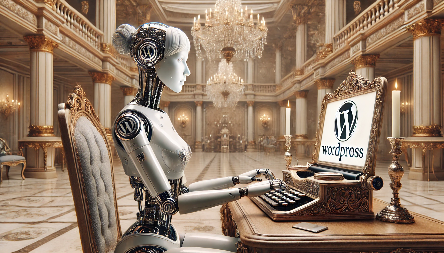 Eine weibliche humanoide Roboterin mit einem filigranen, silbernen Design sitzt in einem prächtigen, opulenten Ballsaal und tippt auf einer Tastatur. Ein Bildschirm zeigt unleserliche Texte, während das WordPress-Logo subtil in eine elegante, Vintage-Spieluhr auf dem Schreibtisch integriert ist.