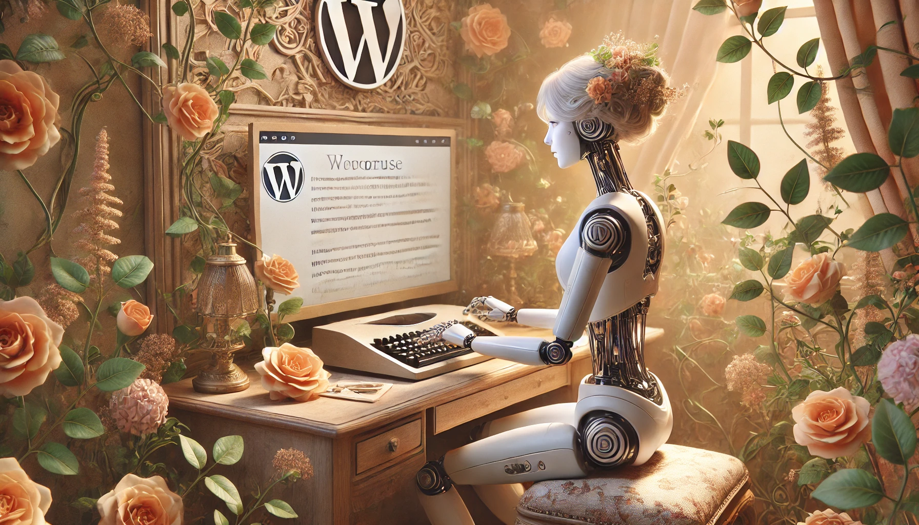 Eine weibliche humanoide Roboterin sitzt in einem von Blumen umrankten Garten und tippt auf einer Tastatur. Der Bildschirm vor ihr zeigt unleserliche Texte, während das WordPress-Logo in einer Vintage-Lampe auf ihrem Schreibtisch dezent integriert ist.