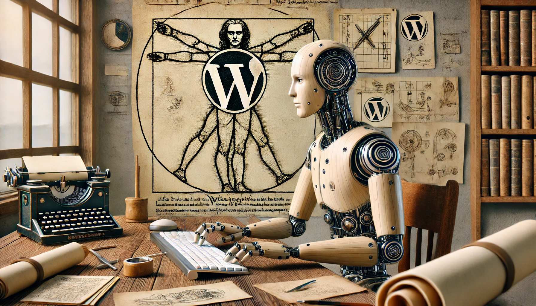 Roboter im Stil von Leonardo da Vinci arbeitet mit WordPress