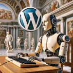 Ein männlicher Roboter, der auf einer Tastatur tippt, während Michelangelos Kunstwerke und ein stilvolles WordPress-Logo in der Szene zu sehen sind.