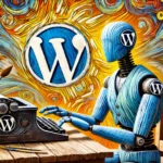 Roboter am Schreibtisch arbeitet mit WordPress vor cooler Kulisse