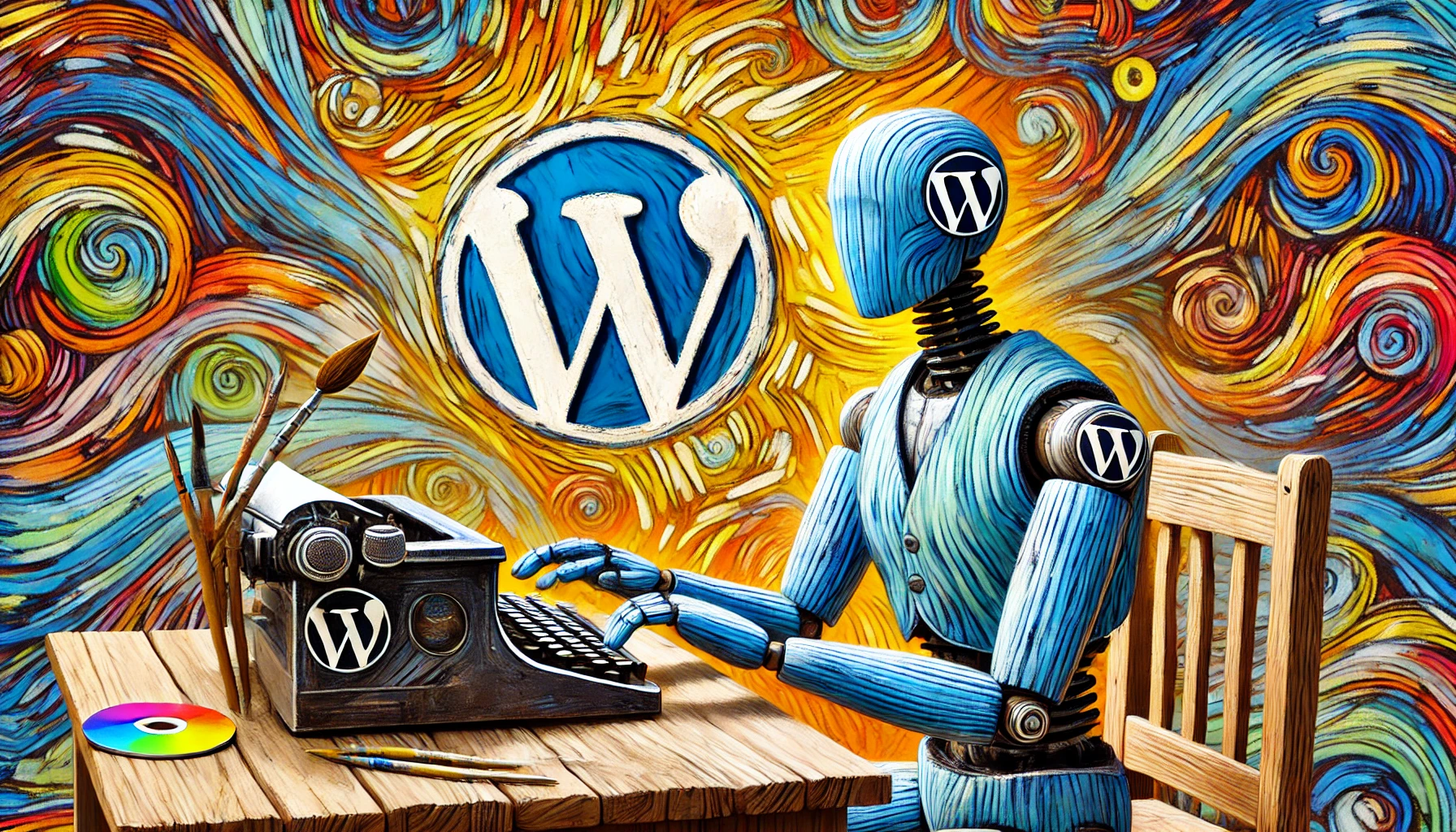 Roboter am Schreibtisch arbeitet mit WordPress vor cooler Kulisse