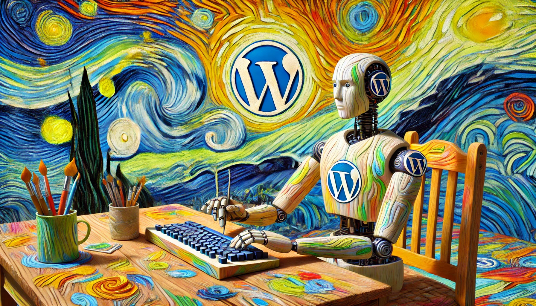 Ein enthusiastischer männlicher Roboter, der an einem Schreibtisch sitzt und auf einer Tastatur tippt, während Van Gogh's berühmte Farben um ihn herumtanzen und ein WordPress-Logo strahlt.