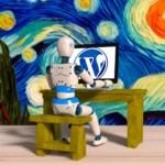 Ein lebhafter weiblicher Roboter, der konzentriert auf einer Tastatur tippt, in einer Umgebung voller Van Gogh's berühmter Pinselstriche und einem kunstvollen WordPress-Logo.