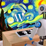 in dynamischer männlicher Roboter, der fleißig auf einer Tastatur tippt, umgeben von Van Gogh's leuchtenden Farben und einem stilvollen WordPress-Logo.