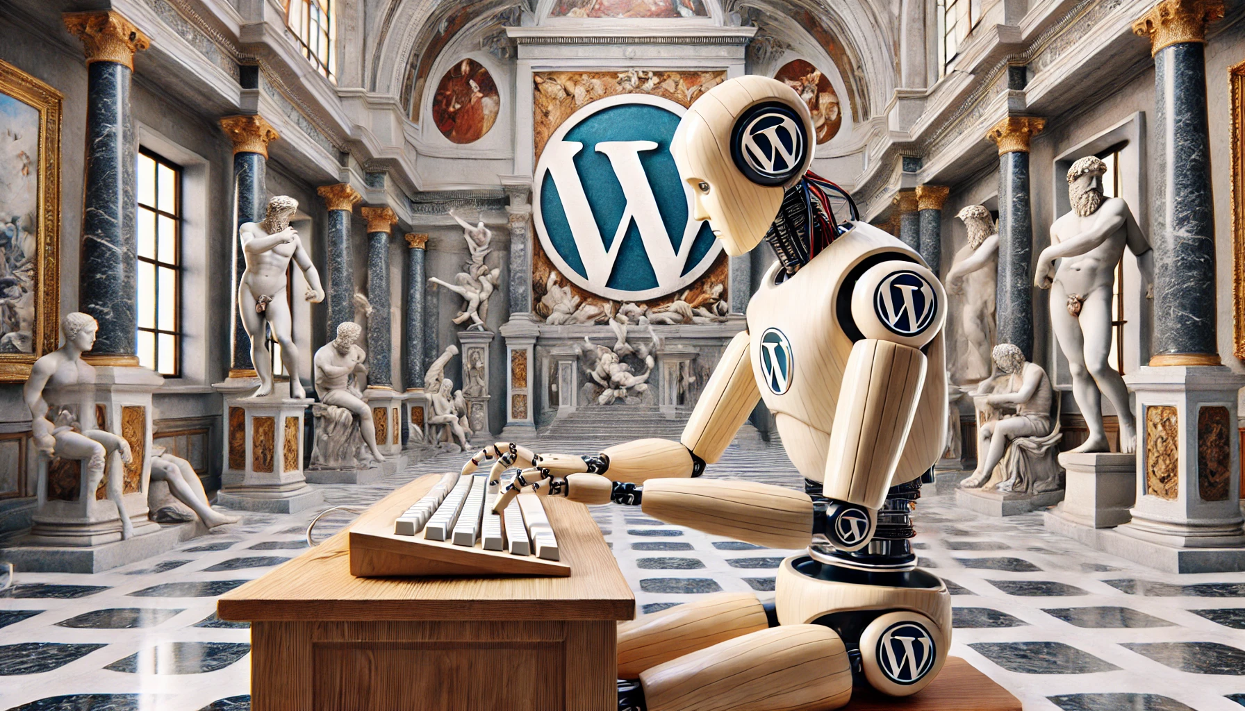 Ein majestätischer männlicher Roboter, der an einem Schreibtisch sitzt und auf einer Tastatur tippt, während Michelangelos Kunstwerke und ein stilvolles WordPress-Logo die Szene dominieren.