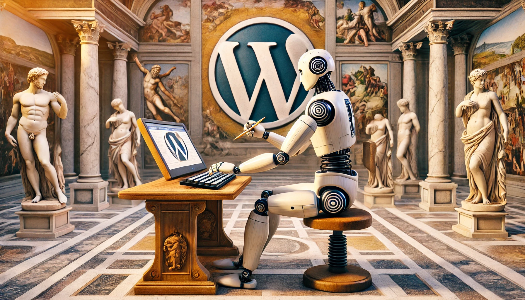 Eine kunstvolle weibliche Roboterin, die fleißig auf einer Tastatur tippt, umgeben von Michelangelos grandiosen Werken und einem stilvollen WordPress-Logo.