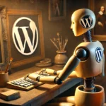 Eine elegante weibliche Roboterin, die an einem Schreibtisch sitzt und auf einer Tastatur tippt, umgeben von Rembrandts berühmten Schatten und einem stilvollen WordPress-Logo.