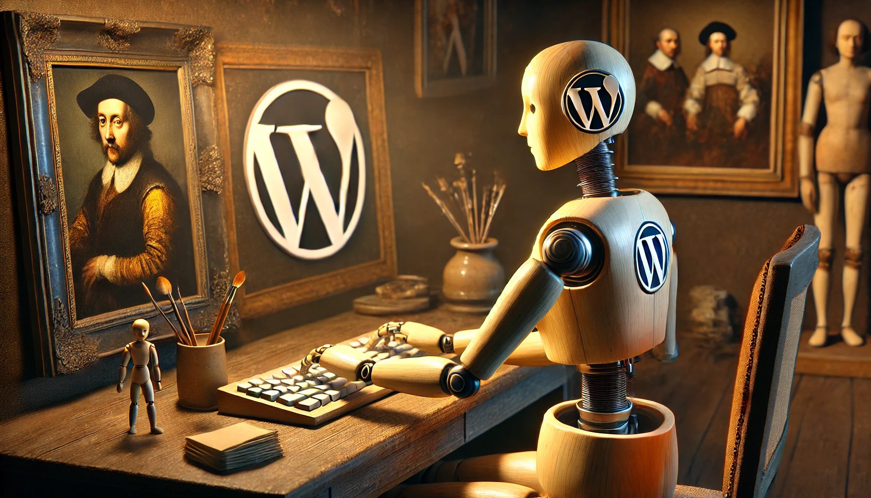 Eine elegante weibliche Roboterin, die an einem Schreibtisch sitzt und auf einer Tastatur tippt, umgeben von Rembrandts berühmten Schatten und einem stilvollen WordPress-Logo.