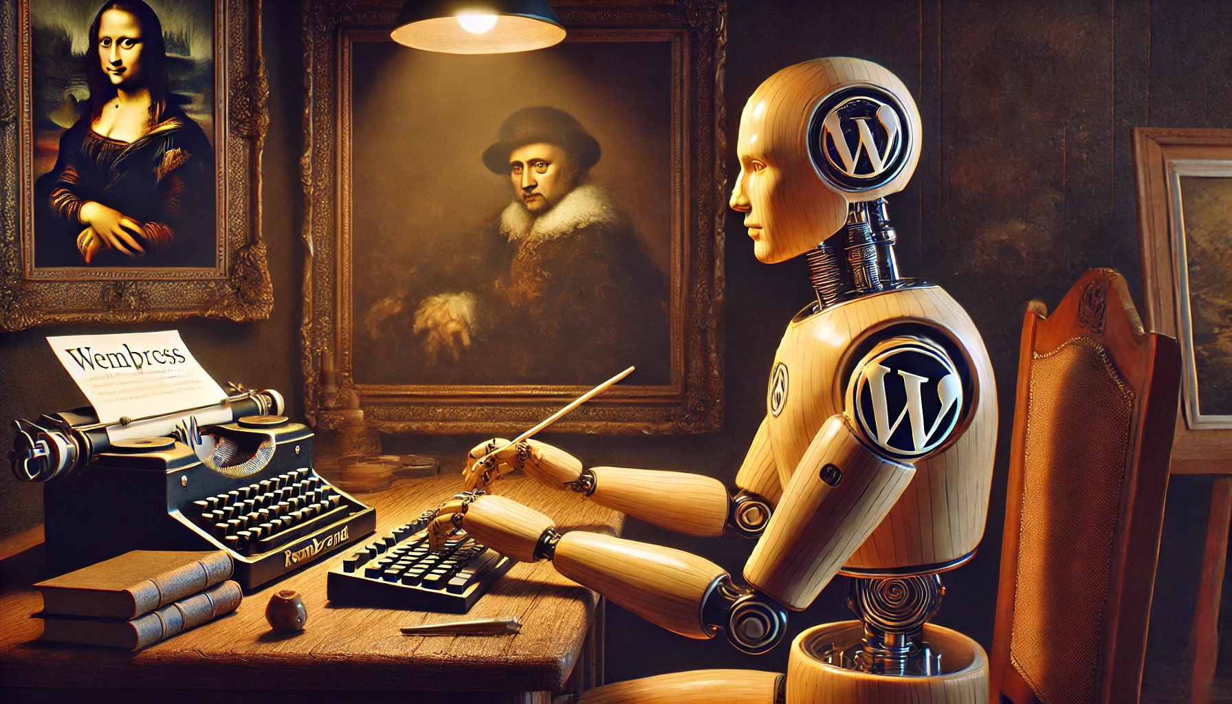 Ein seriöser männlicher Roboter, der an einem Schreibtisch sitzt und auf einer Tastatur tippt, während Rembrandts künstlerisches Lichtspiel und ein WordPress-Logo die Szene beleben.