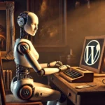 ine dramatische weibliche Roboterin, die fleißig auf einer Tastatur tippt, umgeben von Rembrandts meisterhaften Licht-und-Schatten-Effekten und einem WordPress-Logo im Barock-Stil.