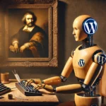 Ein Roboter, der fleißig auf einer Tastatur tippt, umgeben von Rembrandts meisterhaften Licht-und-Schatten-Effekten und einem WordPress-Logo im Barock-Stil.