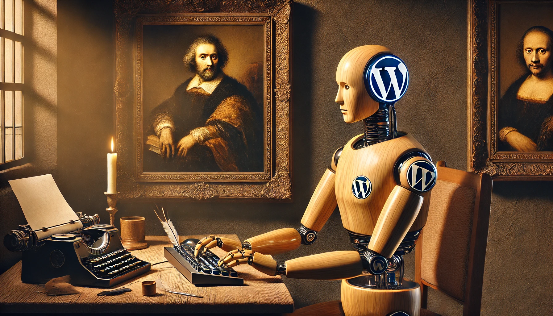 Ein Roboter, der fleißig auf einer Tastatur tippt, umgeben von Rembrandts meisterhaften Licht-und-Schatten-Effekten und einem WordPress-Logo im Barock-Stil.