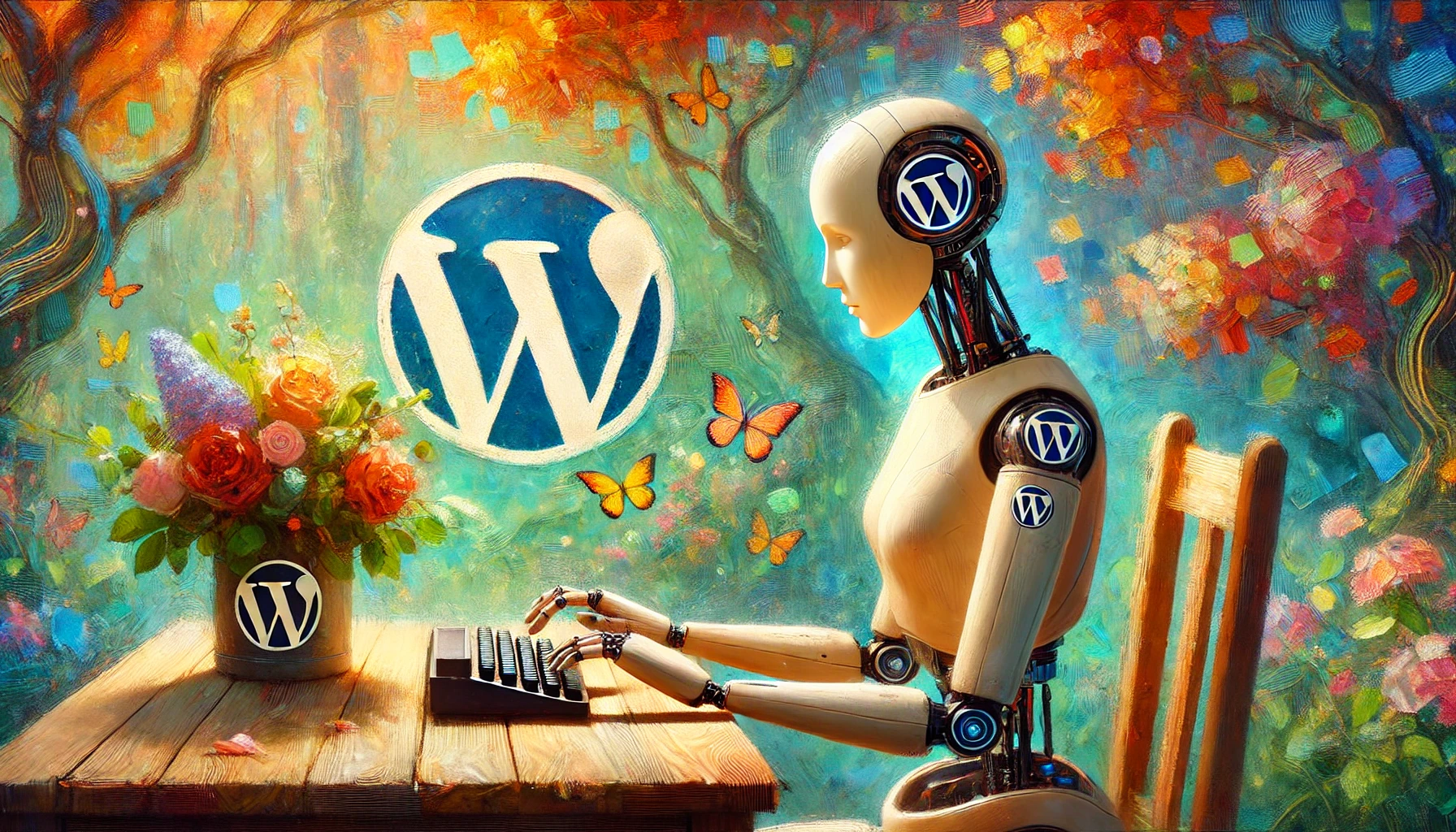 Ein weiblicher Roboter sitzt an einem Schreibtisch und tippt auf einer Tastatur, umgeben von impressionistischen Farben und einem WordPress-Logo, das sich harmonisch in die Szene einfügt.