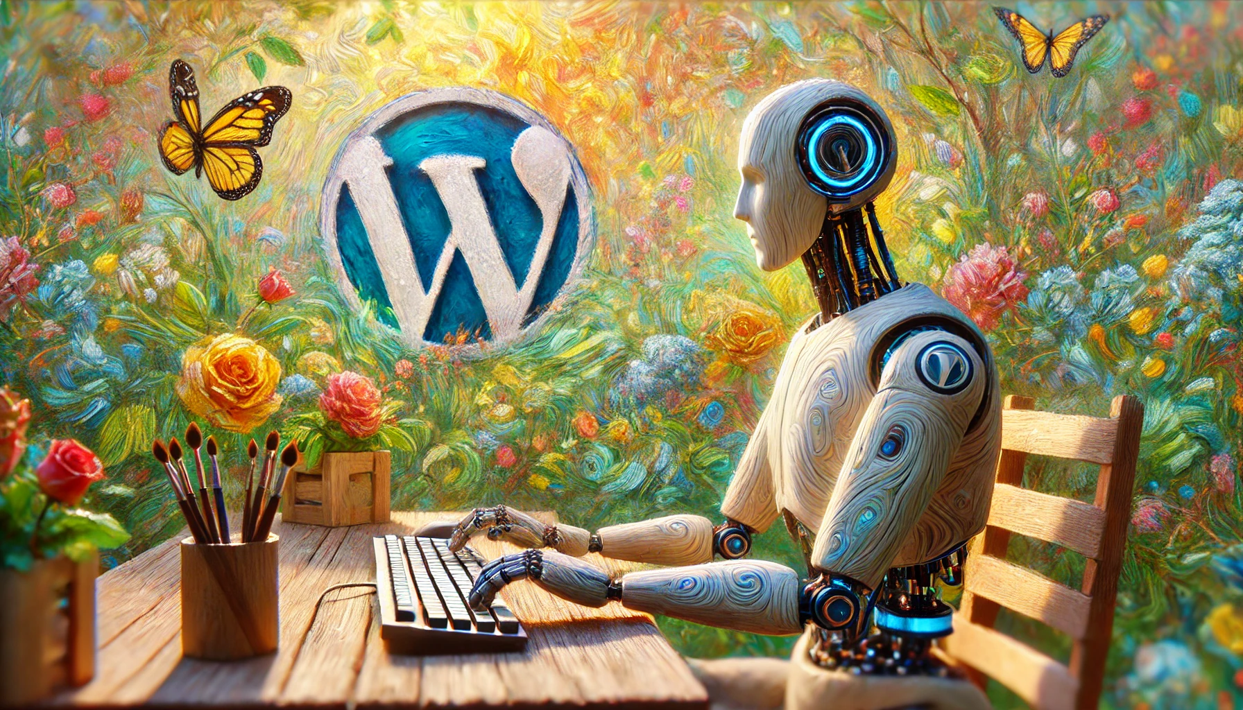 Ein männlicher Roboter sitzt an einem Schreibtisch und tippt auf einer Tastatur, umgeben von impressionistischen Licht- und Farbeffekten sowie einem passenden WordPress-Logo.