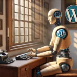 Ein männlicher Roboter sitzt an einem Schreibtisch und tippt auf einer Tastatur, umgeben von Vermeer's typischem Spiel von Licht und Schatten sowie einem elegant integrierten WordPress-Logo.
