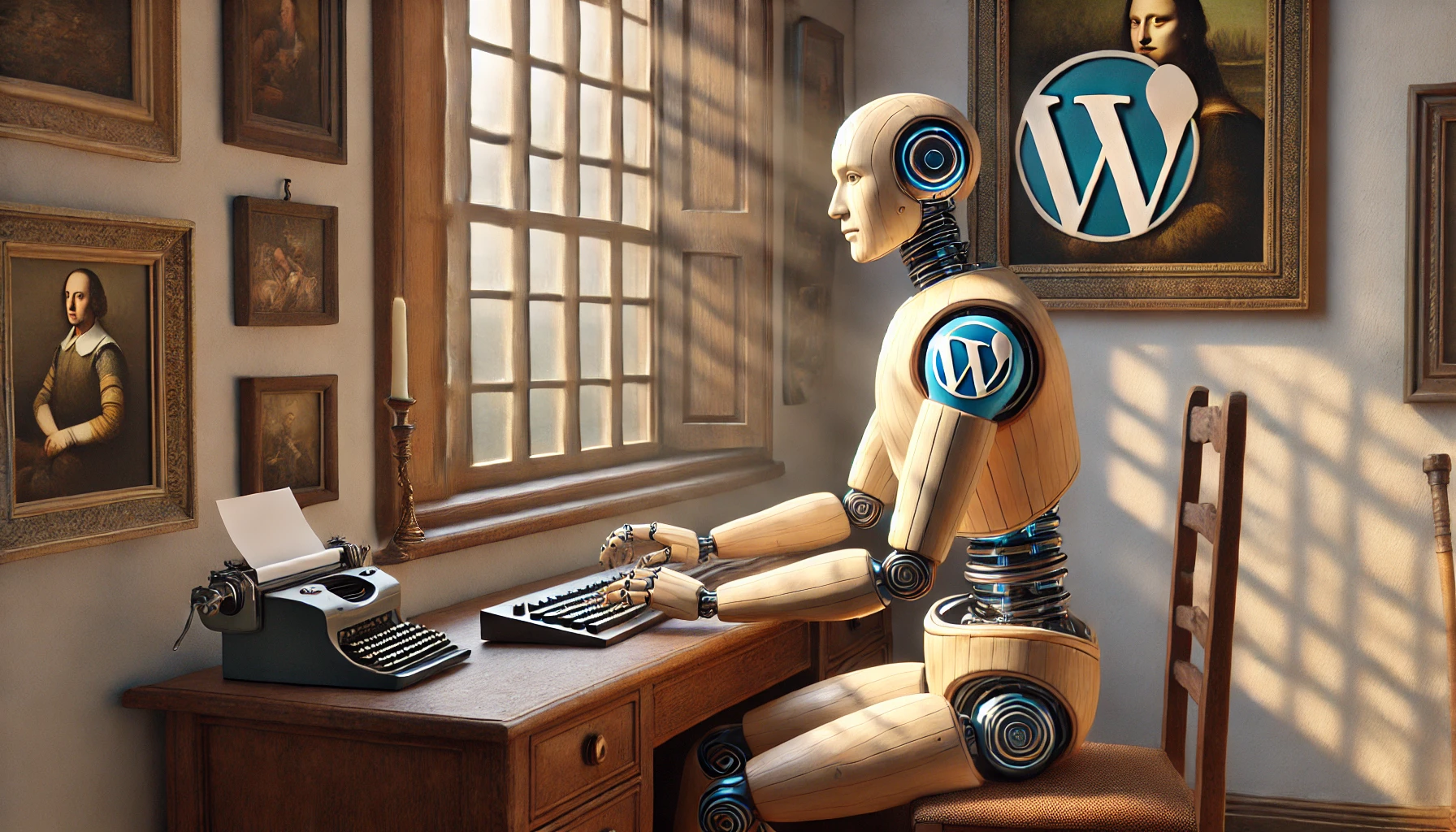 Ein männlicher Roboter sitzt an einem Schreibtisch und tippt auf einer Tastatur, umgeben von Vermeer's typischem Spiel von Licht und Schatten sowie einem elegant integrierten WordPress-Logo.