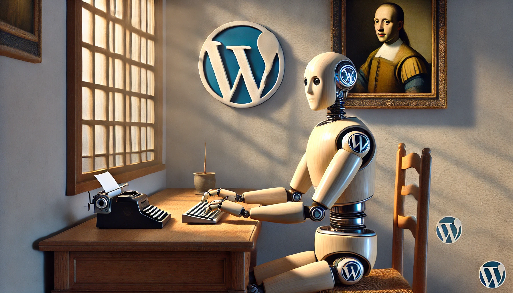 Ein männlicher Roboter sitzt an einem Schreibtisch und tippt auf einer Tastatur, umgeben von Vermeer's ruhiger und präziser Lichtführung, mit einem kunstvoll integrierten WordPress-Logo.