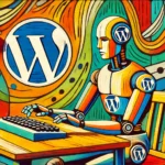 in energiegeladener männlicher Roboter, der an einem Schreibtisch sitzt und auf einer Tastatur tippt, inmitten von Fauvistischer Farbpracht und einem kreativen WordPress-Logo.
