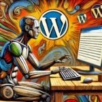 Ein energiegeladener männlicher Roboter, der an einem Schreibtisch sitzt und auf einer Tastatur tippt, während expressionistische Farben und ein dynamisches WordPress-Logo die Szene dominieren.