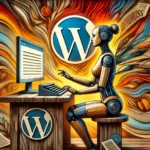 Eine expressive weibliche Roboterin, die an einem Schreibtisch sitzt und auf einer Tastatur tippt, umgeben von intensiven Farben und einem lebhaften WordPress-Logo.