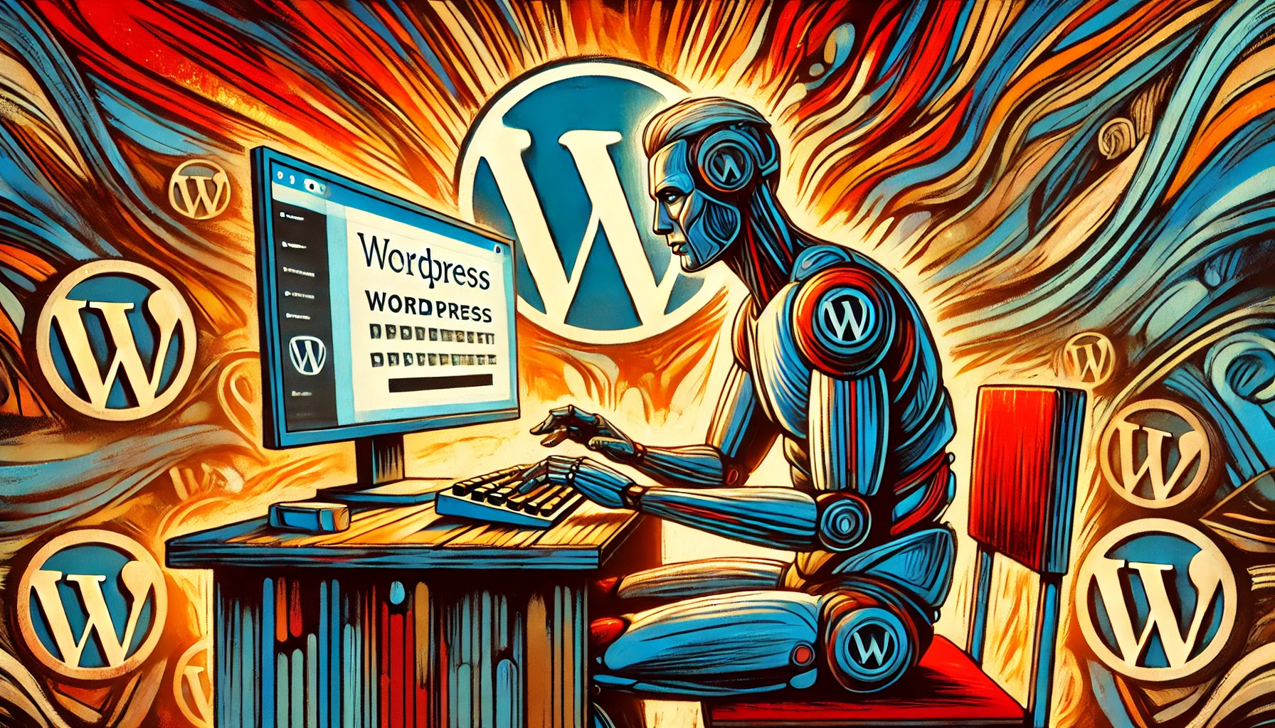 Ein kraftvoller männlicher Roboter, der an einem Schreibtisch sitzt und auf einer Tastatur tippt, während expressionistische Farbwellen und ein ausdrucksstarkes WordPress-Logo die Szene gestalten.