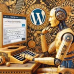 Ein stilvoller männlicher Roboter, der an einem Schreibtisch sitzt und auf einer Tastatur tippt, in einer prächtigen Umgebung mit Klimts Verzierungen und einem glänzenden WordPress-Logo.
