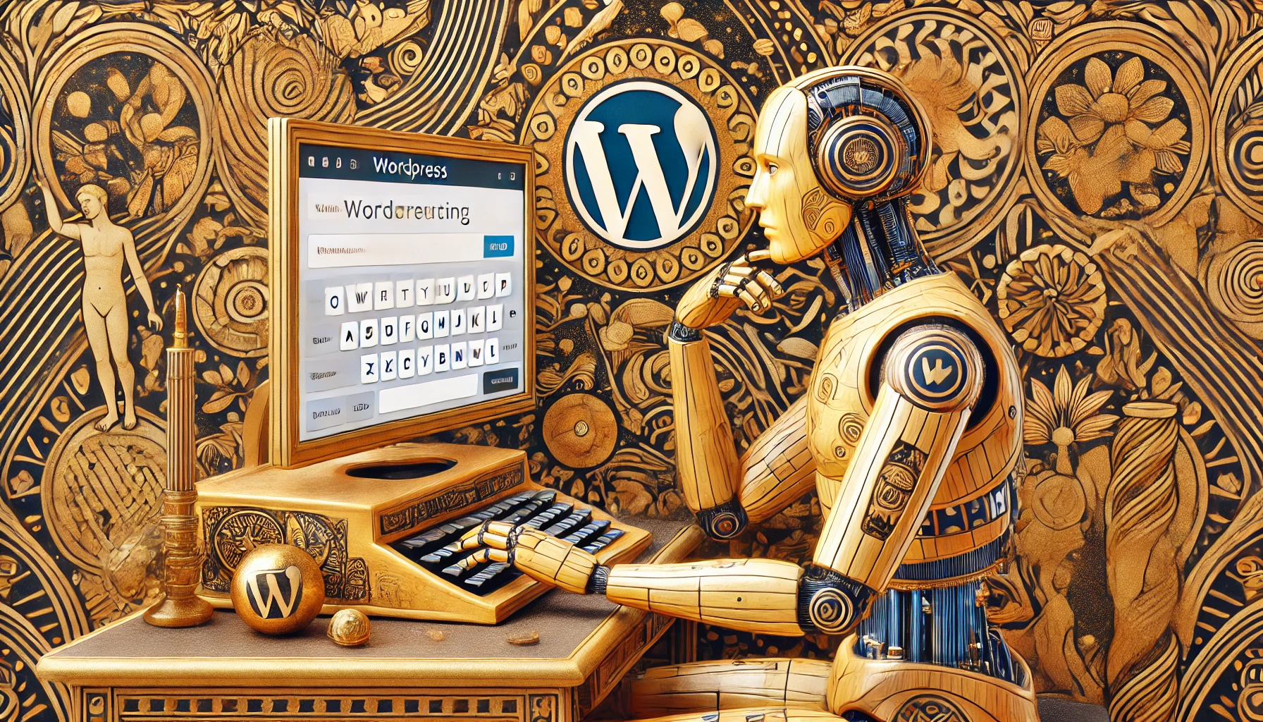 Ein stilvoller männlicher Roboter, der an einem Schreibtisch sitzt und auf einer Tastatur tippt, in einer prächtigen Umgebung mit Klimts Verzierungen und einem glänzenden WordPress-Logo.