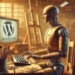 Ein männlicher humanoider Roboter sitzt in einem Künstleratelier und tippt auf einer Tastatur, umgeben von Leinwänden und Malutensilien. Ein Bildschirm zeigt unleserliche Texte, während das WordPress-Logo in eine alte Farbpalette integriert ist.