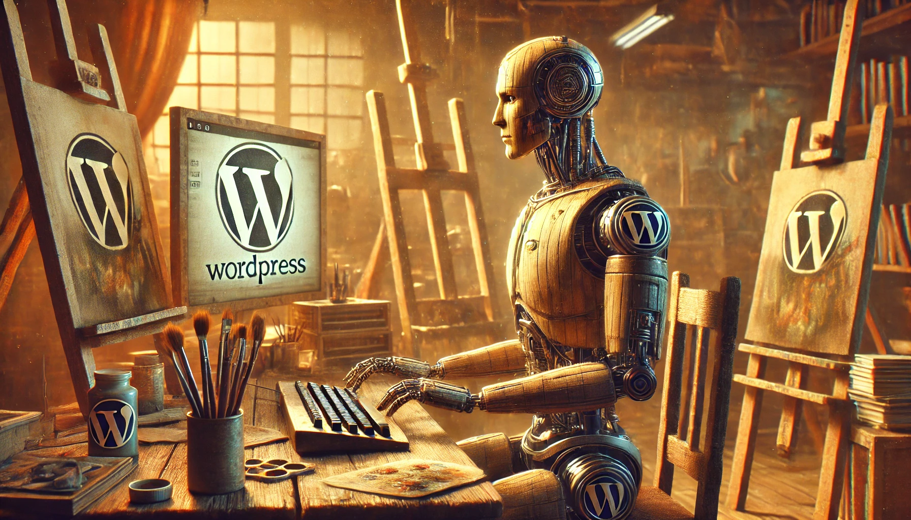 Ein männlicher humanoider Roboter sitzt in einem Künstleratelier und tippt auf einer Tastatur, umgeben von Leinwänden und Malutensilien. Ein Bildschirm zeigt unleserliche Texte, während das WordPress-Logo in eine alte Farbpalette integriert ist.