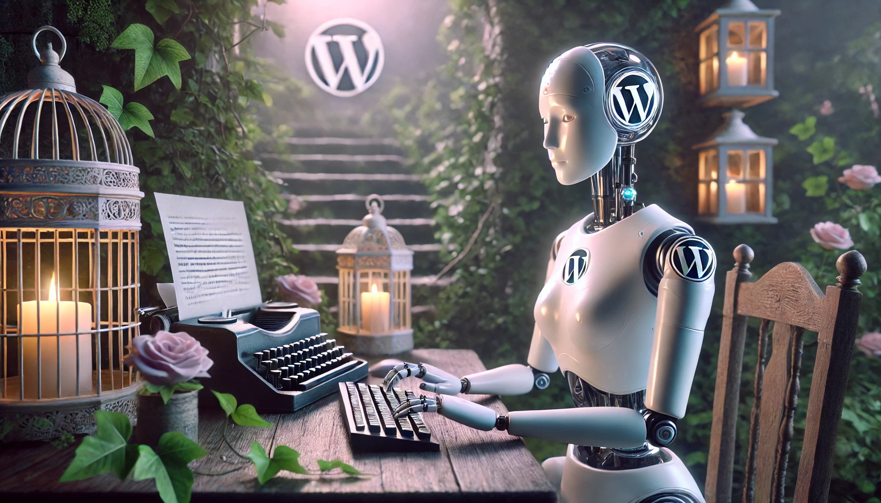 Eine weibliche humanoide Roboterin sitzt in einem romantischen Garten bei Dämmerung und tippt auf einer Tastatur. Ein Bildschirm zeigt unleserliche Texte, während das WordPress-Logo kunstvoll in einen verzierten Vogelkäfig auf dem Schreibtisch eingebettet ist.