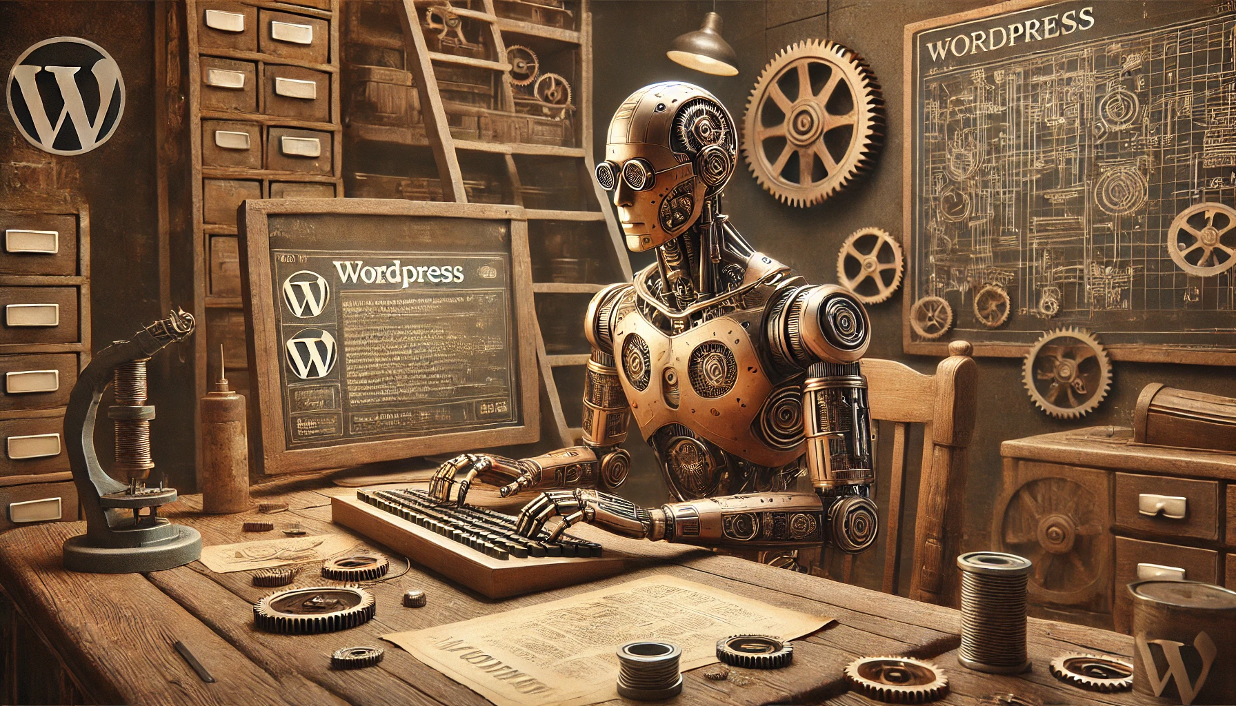 Ein männlicher humanoider Roboter sitzt in einer alten Werkstatt, umgeben von Werkzeugen und Zahnrädern, während er auf einer Tastatur tippt. Ein Bildschirm zeigt unleserliche Texte, und das WordPress-Logo ist subtil in ein abgenutztes Blaupausen-Design auf dem Schreibtisch integriert.