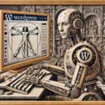 Humanoider Roboter tippt auf einer Tastatur in einer Renaissance-Umgebung, WordPress-Logo im Hintergrund.