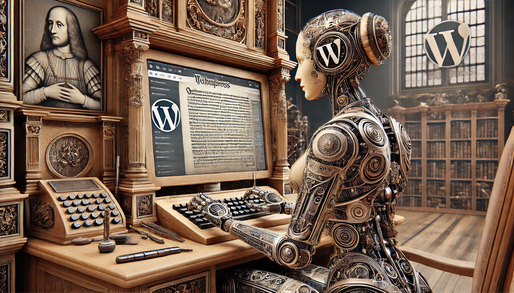 Weiblicher Roboter arbeitet an einer Tastatur, unleserlicher Text auf dem Bildschirm, WordPress-Logo integriert.