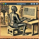 Männlicher Roboter in einer detaillierten Renaissance-Szene, tippt auf einer Tastatur, WordPress-Logo sichtbar.