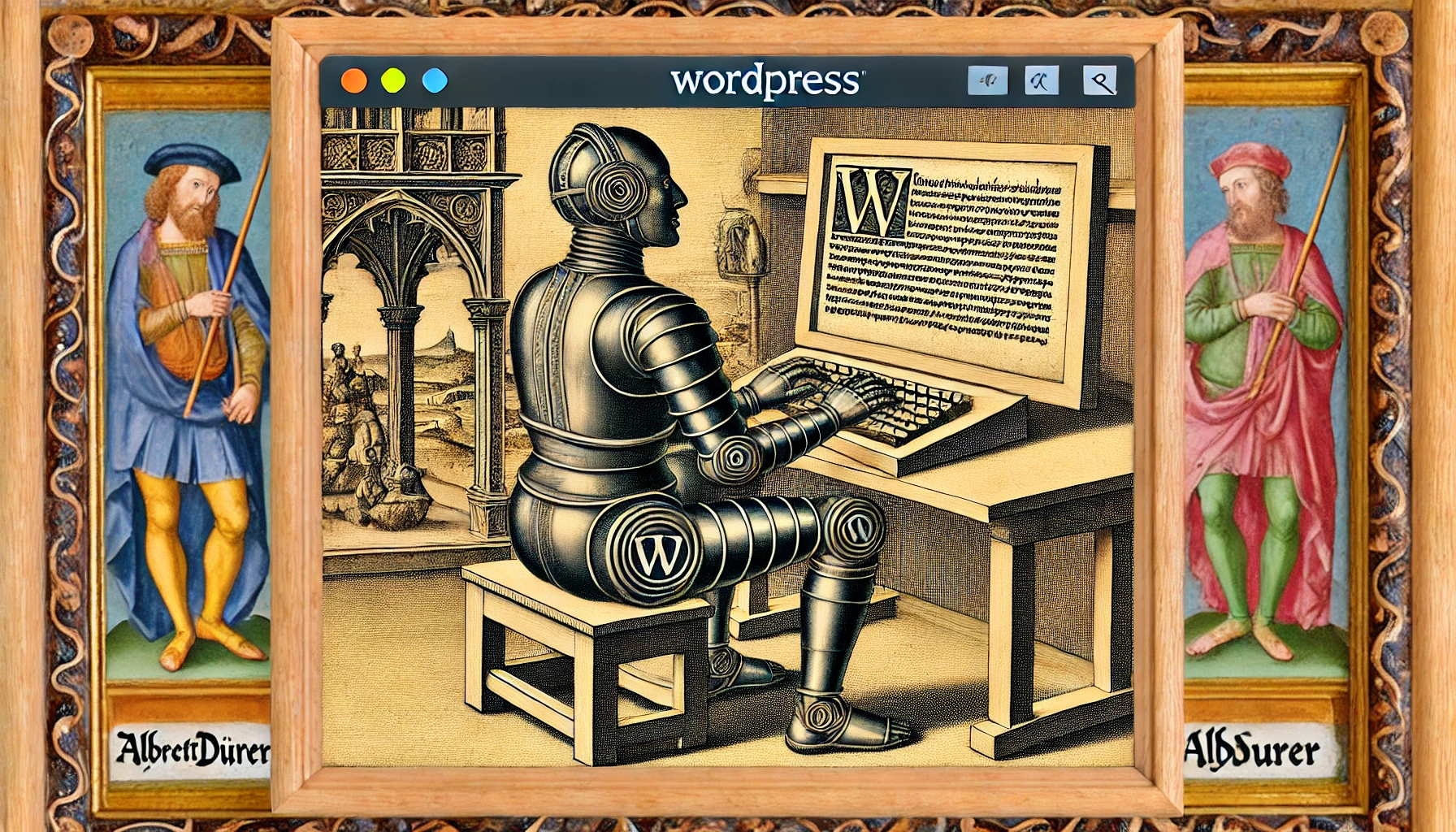 Männlicher Roboter in einer detaillierten Renaissance-Szene, tippt auf einer Tastatur, WordPress-Logo sichtbar.