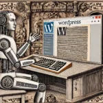 Robuster humanoider Roboter tippt auf einer Tastatur, detaillierte Umgebung im Stil von Albrecht Dürer, WordPress-Logo im Hintergrund.