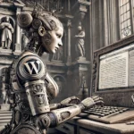 Weiblicher humanoider Roboter tippt auf einer Tastatur, umgeben von detaillierten Renaissance-Elementen, WordPress-Logo subtil integriert.