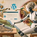 Ein humanoider Roboter, anmutig gestaltet und von weichen Renaissance-Details umgeben, tippt auf einer Tastatur in einer Szene, die die zeitlose Schönheit Botticellis einfängt. Das WordPress-Logo fügt sich nahtlos in die klassische Umgebung ein.