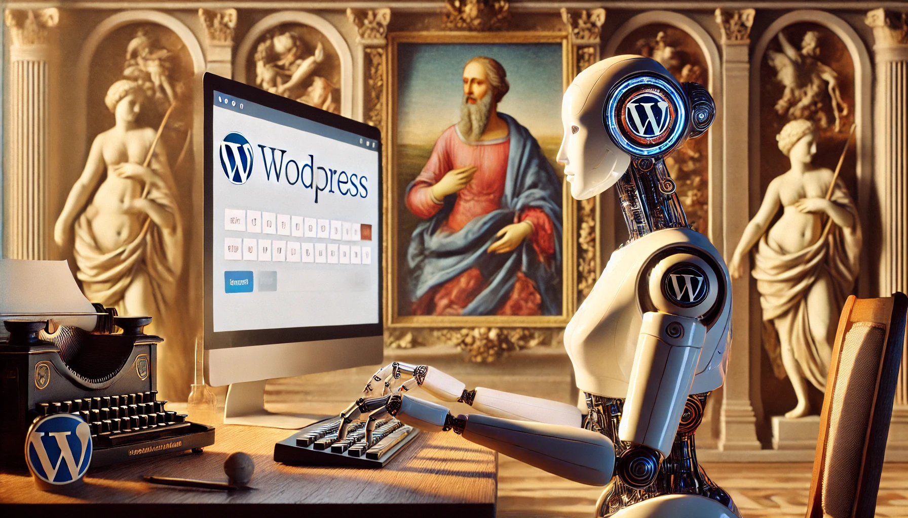 Eine weibliche Roboterin, umgeben von sanftem Licht und fließenden Linien, arbeitet in einer von Botticelli inspirierten Renaissance-Szene. Das WordPress-Logo ist harmonisch in die elegante Komposition integriert.