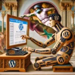 Ein männlicher Roboter, verziert mit klassischen Details und inmitten einer ruhigen, farblich abgestimmten Umgebung, tippt konzentriert auf einer Tastatur. Das WordPress-Logo ergänzt die raffinierte, künstlerische Atmosphäre.