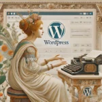 Eine weibliche Roboterin, in sanfte Farben und harmonische Formen gehüllt, arbeitet an einem Schreibtisch. Die Komposition spiegelt die Eleganz und Raffinesse von Botticellis Kunst wider, mit einem dezent integrierten WordPress-Logo.