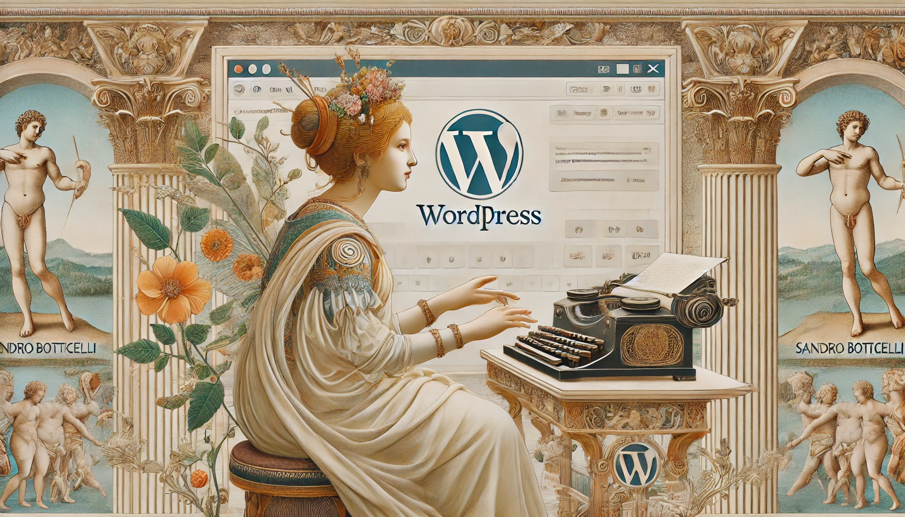 Eine weibliche Roboterin, in sanfte Farben und harmonische Formen gehüllt, arbeitet an einem Schreibtisch. Die Komposition spiegelt die Eleganz und Raffinesse von Botticellis Kunst wider, mit einem dezent integrierten WordPress-Logo.