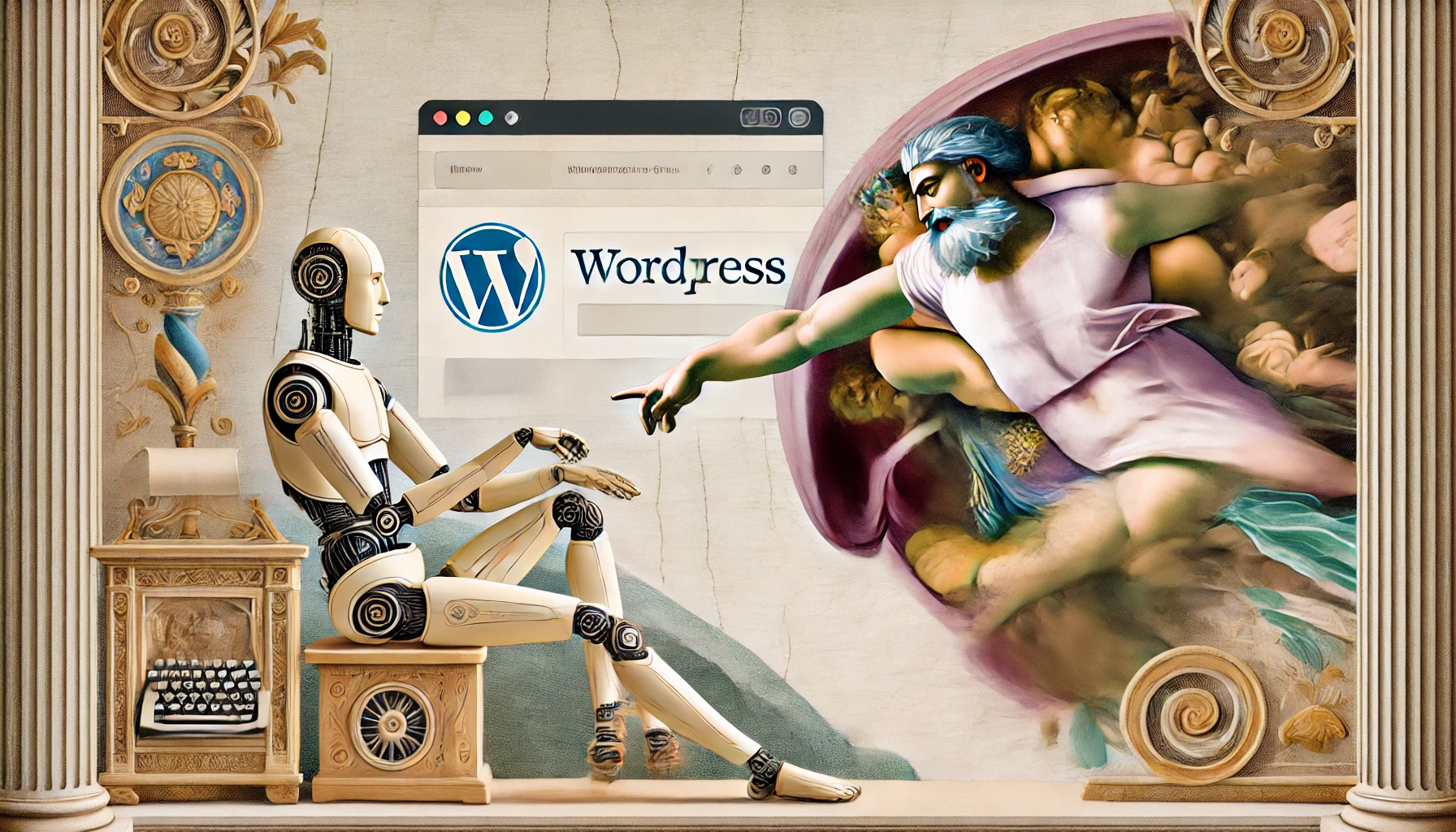 in männlicher Roboter, zart gestaltet und in eine Szene voller fließender Linien und sanfter Farben eingebettet, tippt auf einer Tastatur. Das WordPress-Logo ist kunstvoll in die klassische und elegante Umgebung integriert.